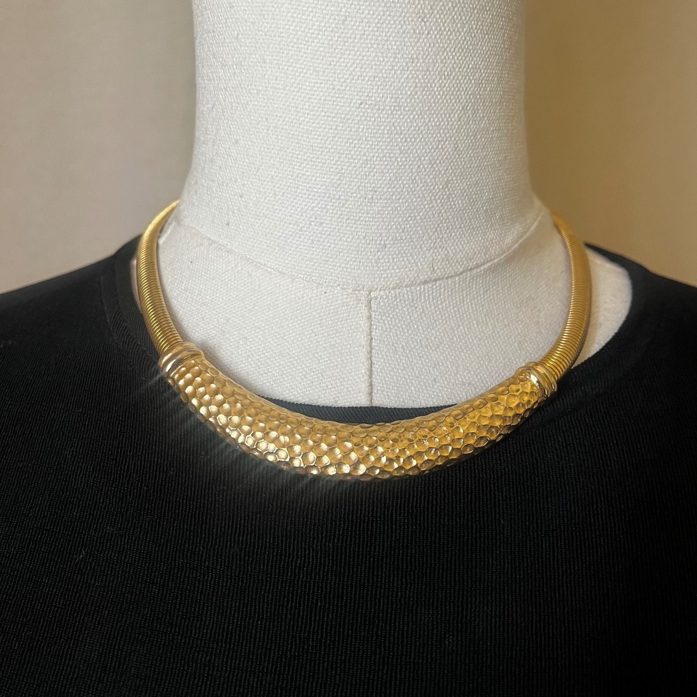 Gold Hammered Collar Necklace Snake Chain Choker Statement 17" Bold
